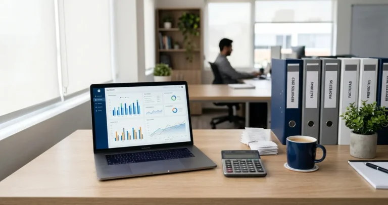 Contabilidad en USA - Escritorio con laptop, calculadora y documentos financieros de un negocio pequeño