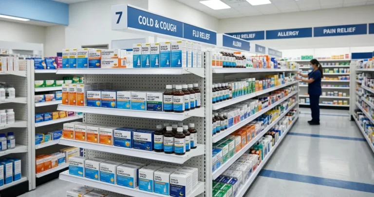 Pastillas para la tos en USA - Estante de farmacia con medicamentos de venta libre para la tos
