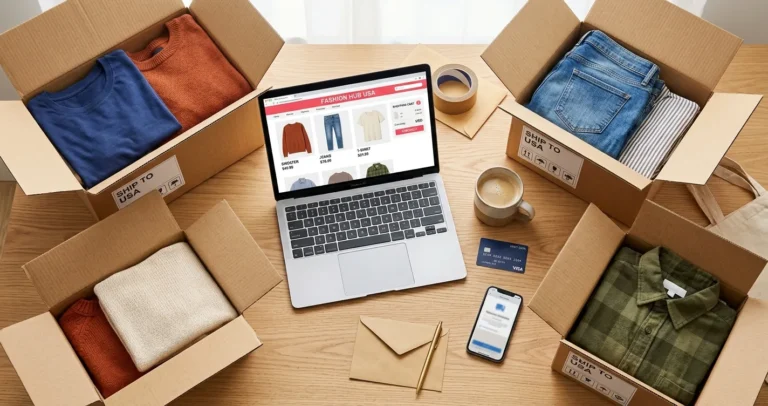Páginas para comprar ropa en USA: laptop y cajas de envío con prendas de tiendas online