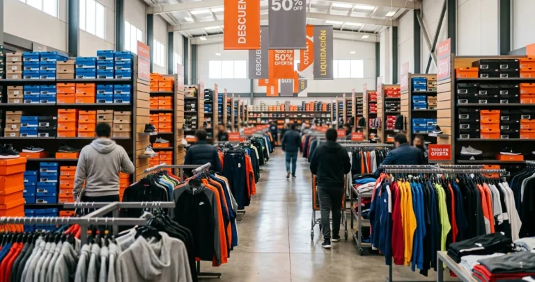 Tienda outlet de Nike en USA con estantes de zapatillas deportivas y carteles de descuento
