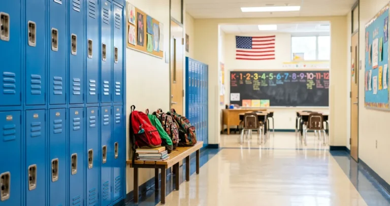 Grados de estudios en USA: pasillo y aula de una escuela del sistema educativo en Estados Unidos