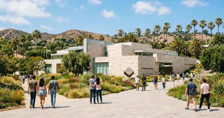 Museos gratuitos en Los Ángeles - Exterior de museo de arte con jardines y visitantes bajo el sol de California