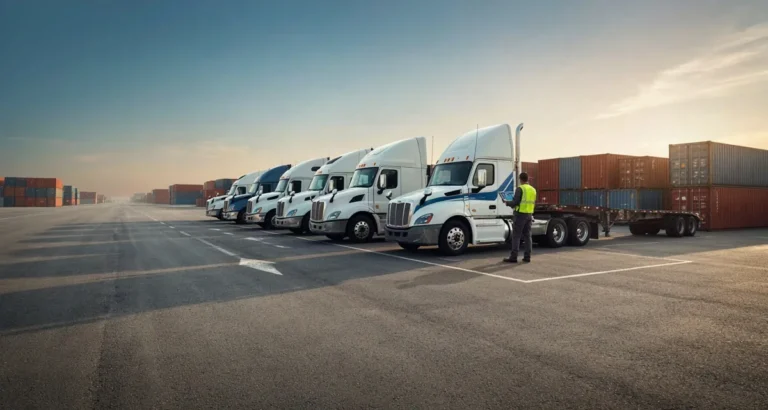 Companias de transporte en USA 2026: fila de tractocamiones en un patio logístico de Estados Unidos, guía de las principales empresas de trucking