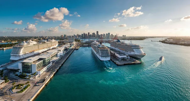 Vista aérea de las terminales de PortMiami en Dodge Island, de donde salen los cruceros en miami, con los muelles AA, A, B y C y la bahía de Biscayne al fondo