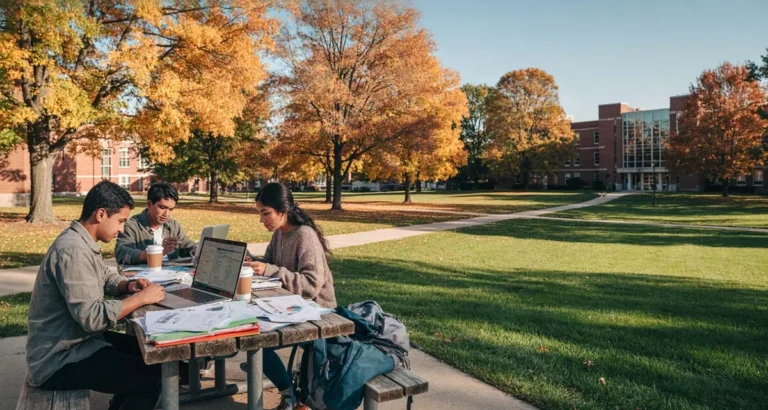 Estudiantes internacionales en un campus de Estados Unidos revisando precios de posgrado: cuanto cuesta una maestria en usa en 2026, con comparación entre universidad pública y privada