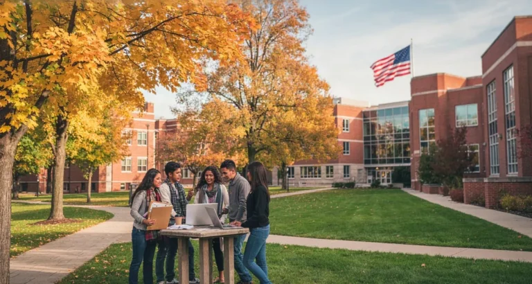Estudiantes hispanos en un campus universitario de Estados Unidos consultando opciones: universidad en espanol en usa, programas bilingües y carreras en español 2026