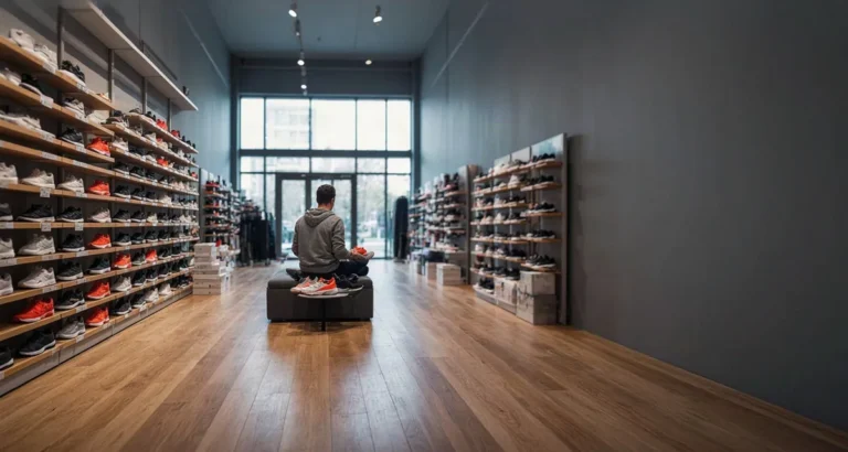 Estantería con zapatillas deportivas en una tienda Nike en USA: guía de tiendas oficiales, outlets y precios reales de Nike en USA en 2026