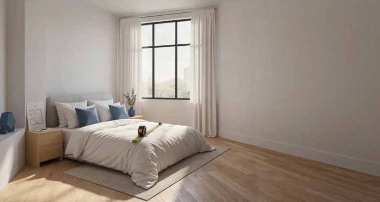 Cama Queen tendida con un flexómetro sobre el colchón: guía de tamaños de camas en USA con medidas en pulgadas y centímetros 2026