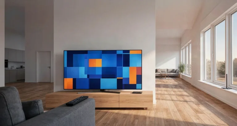 Canales de TV en USA en español: control remoto frente a un televisor con la grilla de canales latinos en pantalla