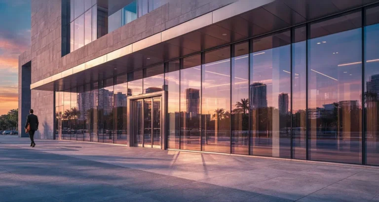 Ranking bancos en USA 2026: fachada de un banco en una avenida urbana de Estados Unidos al atardecer