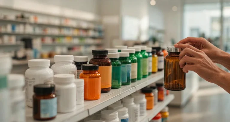 Mejores marcas de vitaminas en USA 2026: estantería de farmacia con frascos de vitaminas y suplementos