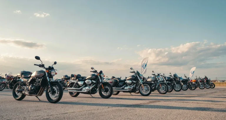 Motos Estados Unidos Comprar: fila de motocicletas usadas en un concesionario de EE. UU. con precios en el parabrisas