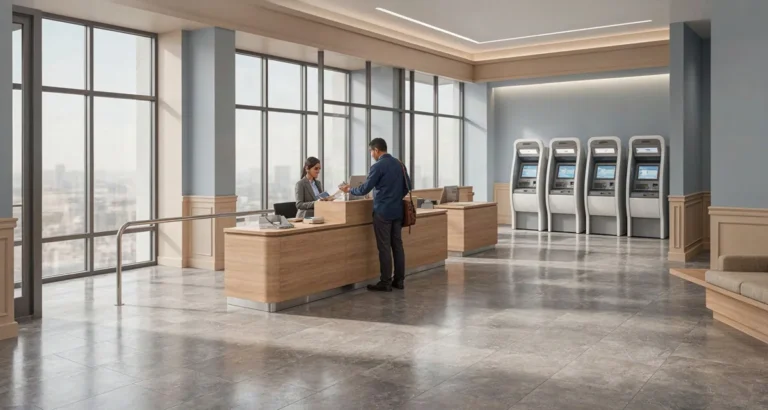 Bancos internacionales en USA: cliente hispano abriendo una cuenta en una sucursal bancaria estadounidense con su pasaporte